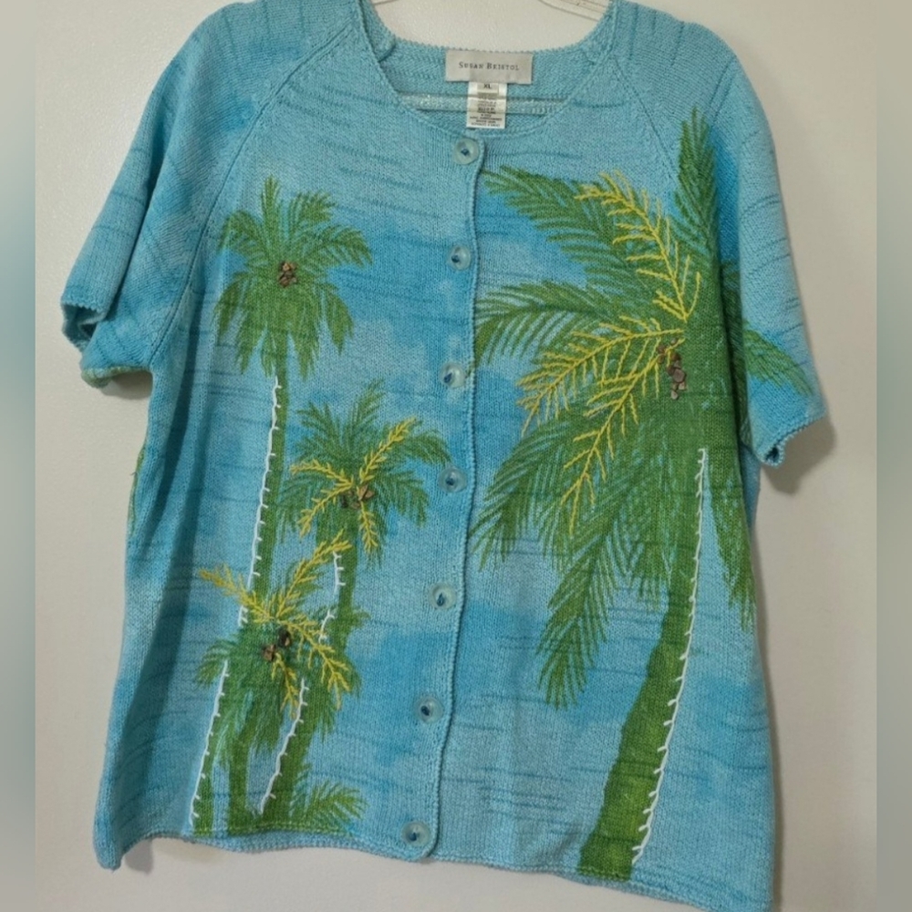 Vintage Hand Embroidered Palm Tree Short Sleeve Sweater Tropical Layer Sz XL